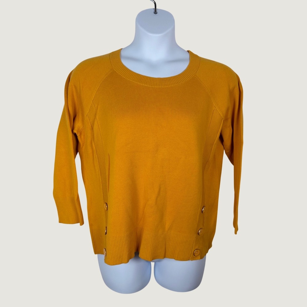 Talbots 1X Mustard Yellow Cotton Rayon Button Side Sweater Preppy Office Casual